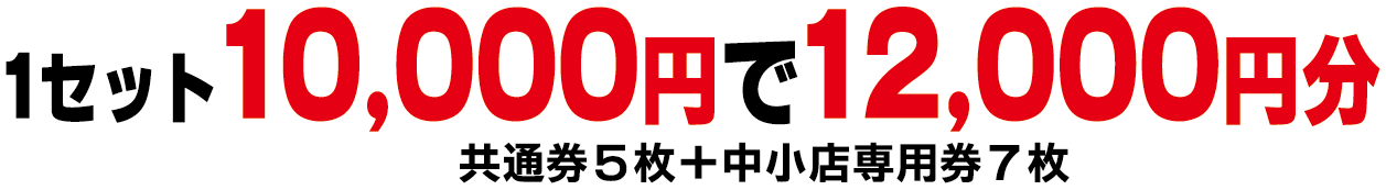 1セット10,000円で12,000円分 共通券5枚+中小店専用券7枚